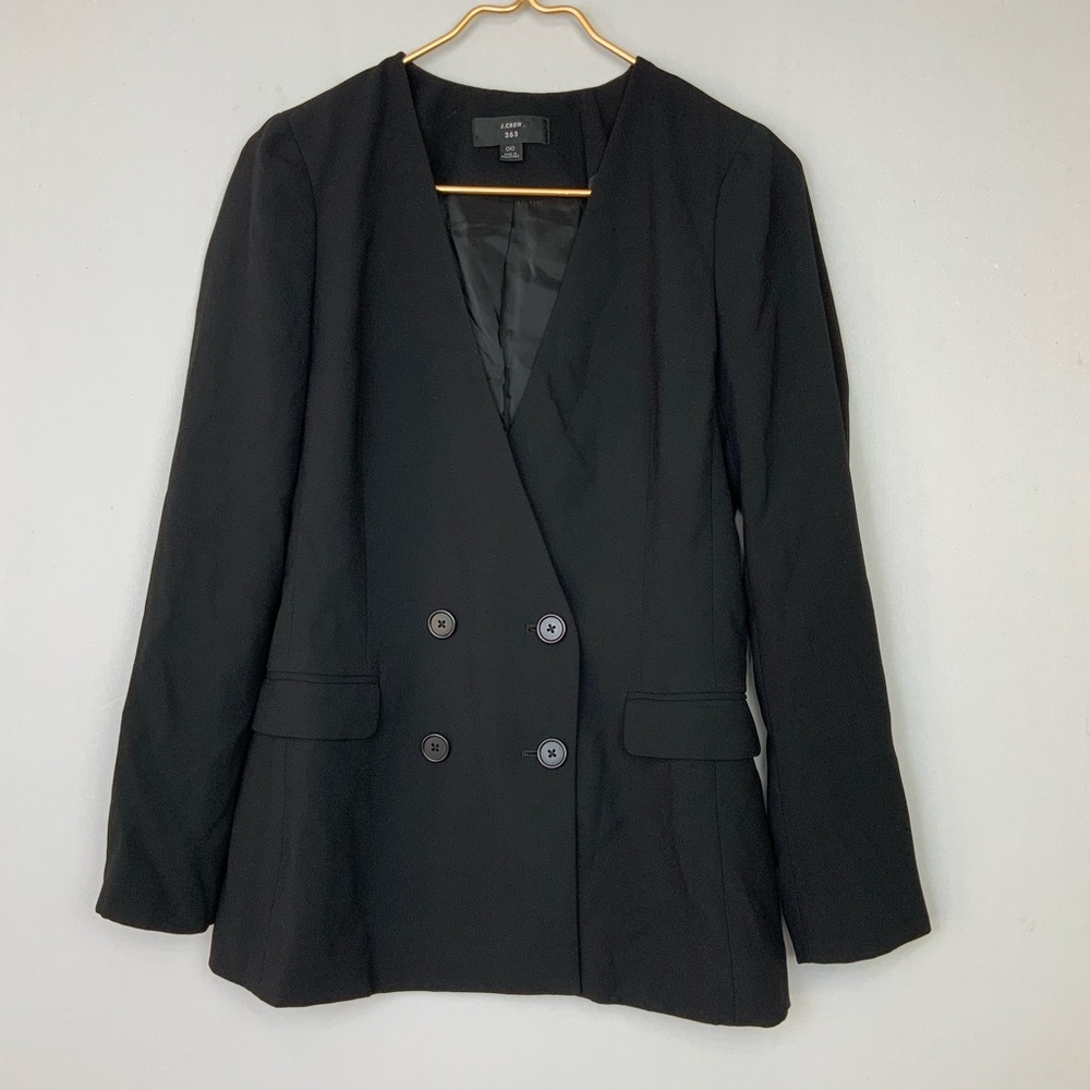 J. Crew Sz 00 Black Crepe‎ French Girl Collarless Double Breasted Blazer Jacket